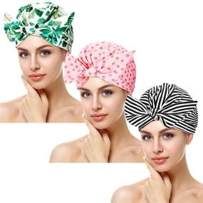 img 4 attached to 💦 Women's Waterproof Reusable Shower Caps – 3-Piece Bowknot Hair Caps Set with Printed Styles: Stripe, Palm Leaves, Dots