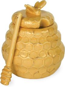 img 1 attached to 🍯 Ceramic Honey Pot & Dipper: Boston International, 4 x 5.25-Inch Honeycomb Design