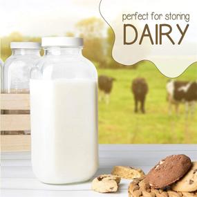 img 1 attached to 🥛 Pack of 4 - 32oz Vintage Square Glass Milk Bottles with Plastic Airtight Lids, Quart Sized Reusable Dairy Drinking Containers, with Measurement Marks for Milk, Yogurt, Smoothies, Kefir, Kombucha, Water