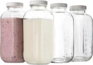 🥛 pack of 4 - 32oz vintage square glass milk bottles with plastic airtight lids, quart sized reusable dairy drinking containers, with measurement marks for milk, yogurt, smoothies, kefir, kombucha, water логотип