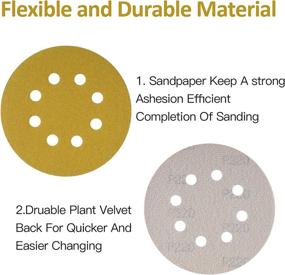 img 1 attached to Handhoom 100-Piece 5-Inch Gold Sanding Discs with 8-Hole Hook and Loop, Assorted Grit Sandpaper (60/80/120/150/220), Plus 2 Extra 120 Mesh Rectangle Sandpapers for Woodworking