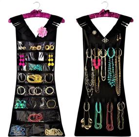 img 4 attached to 👗 My Little Dress Hanging Jewelry Organizer with Satin Hanger, Closet Storage, 2-sided for Jewelry, Hair Accessories & Makeup (1-Black Dress & Pink Satin Hanger, 24 Pockets 17 Loops) - New & Improved