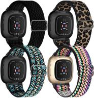 🌈 uhkz 4 pack elastic nylon bands for fitbit versa 3/fitbit sense - adjustable stretchy fabric sport band for women and men - black, leopard, boho green, boho rainbow logo