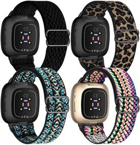 img 4 attached to 🌈 UHKZ 4 пакета эластичных нейлоновых бандажей для Fitbit Versa 3/Fitbit Sense - Регулируемый растяжимый спортивный бандаж из ткани для женщин и мужчин - черный, леопардовый, бохо зеленый, бохо радужный