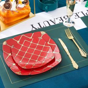 img 2 attached to 🍽️ 50pcs Red Plastic Plates with Gold Plaid | Premium Heavy Duty Plastic Dining Set | Includes 25 Dinner Plates 10.25” & 25 Dessert Plates 7.5” | Ideal for Halloween, Thanksgiving, and Christmas Celebrations