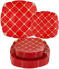 img 4 attached to 🍽️ 50pcs Red Plastic Plates with Gold Plaid | Premium Heavy Duty Plastic Dining Set | Includes 25 Dinner Plates 10.25” & 25 Dessert Plates 7.5” | Ideal for Halloween, Thanksgiving, and Christmas Celebrations