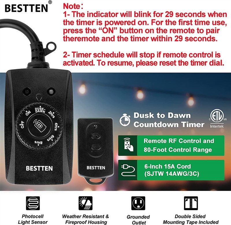 BESTTEN Remote Control Outdoor Outlet Switch with 6-Inch Heavy