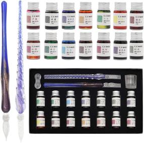 img 4 attached to 🖋️ AXEARTE 18-Piece Glass Dip Pen Set with 14 Color Inks, Pen Holder, Cleaning Cup, 2 Crystal Glass Pens - Ideal for Art, Writing, Drawing, Signatures - Perfect Gift for Kids and Artists