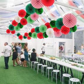 img 1 attached to 🎉 Vibrant Green and Red Hanging Party Decorations Set: Tissue Paper Fans, Pom Poms, Flowers, and Honeycomb Balls for Christmas, Wedding, Engagement, Graduation Parties