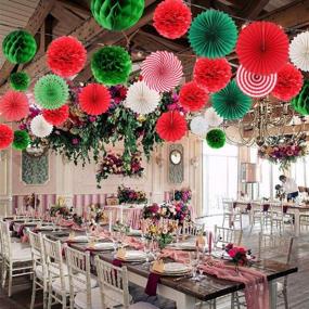 img 2 attached to 🎉 Vibrant Green and Red Hanging Party Decorations Set: Tissue Paper Fans, Pom Poms, Flowers, and Honeycomb Balls for Christmas, Wedding, Engagement, Graduation Parties