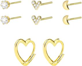 img 4 attached to 💎 Gold Small Stud Earrings Set for Women Girls - 4 Pairs Huggie Hoop and Stud Earring Sets for Multiple Piercings