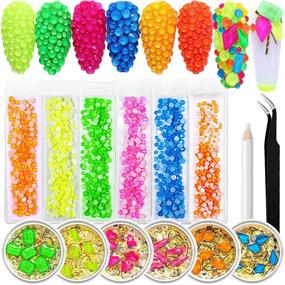 img 4 attached to 💎 Neon Rhinestones for Nails - 6 Pots & 6 Bags with Over 2200 Pcs Luminous Party/Theme Charms Stone, Polarized Light 3D Nail Iridescent Beads Decoration. Includes Bonus Tweezers Picking Pen.