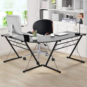 img 1 attached to Tangkula L-Shaped Corner Desk: Modern 3-Piece Metal Frame 🖥️ Study Laptop Desk with Black Glass Top for Home Office Studio