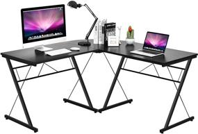 img 3 attached to Tangkula L-Shaped Corner Desk: Modern 3-Piece Metal Frame 🖥️ Study Laptop Desk with Black Glass Top for Home Office Studio