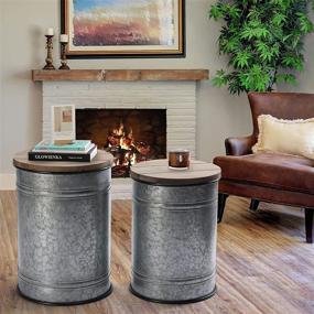 img 3 attached to 🛋️ Set of 2 Galvanized Storage Ottomans with Wooden Lids - Rustic Farmhouse Accent Side Tables and End Table Bins