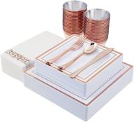 210 piece rose gold dinnerware set for 30 guests - party supplies with rose gold rim plastic plates, silverware, cups, and linen paper napkins - ideal for graduation and events in rose gold logo