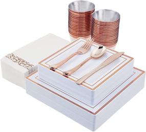 img 4 attached to 210 Piece Rose Gold Dinnerware Set for 30 Guests - Party Supplies with Rose Gold Rim Plastic Plates, Silverware, Cups, and Linen Paper Napkins - Ideal for Graduation and Events in Rose Gold