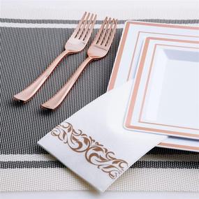 img 2 attached to 210 Piece Rose Gold Dinnerware Set for 30 Guests - Party Supplies with Rose Gold Rim Plastic Plates, Silverware, Cups, and Linen Paper Napkins - Ideal for Graduation and Events in Rose Gold