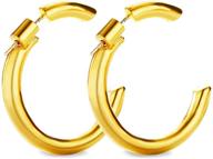 18k gold plated copper hoops earrings for women, men, girls, and boys - lightweight trendy semicircle c-shaped chunky open hoops with safety pin diameter - jeensley gold hoops logo