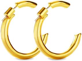 img 4 attached to 18k Gold Plated Copper Hoops Earrings for Women, Men, Girls, and Boys - Lightweight Trendy Semicircle C-Shaped Chunky Open Hoops with Safety Pin Diameter - Jeensley Gold Hoops