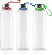 🍶 18 oz glass water bottles - chef's star, drinking bottle with protection sleeve, cleaning brush included, juice bottles with stainless steel leak proof lids - pack of 3 logo
