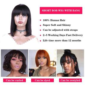 img 2 attached to 💁 Chic and Natural 8inch Bob Wig for Black Women: Straight Human Hair with Bangs, Machine Made, None-Lace Front Brazilian Wig