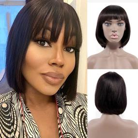 img 3 attached to 💁 Chic and Natural 8inch Bob Wig for Black Women: Straight Human Hair with Bangs, Machine Made, None-Lace Front Brazilian Wig