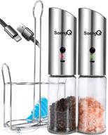 🧂 set of 2 rechargeable electric salt and pepper grinders with adjustable grinder, led light, and refillable tall glass containers logo