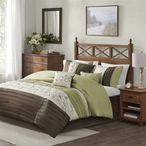 img 4 attached to Serene Floral Faux Silk Comforter with Embroidery, Matching Bed Skirt & Decorative Pillows - All-Season Queen Set, Green (90"x90"), 7-Piece Madison Park