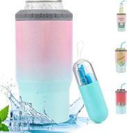 🍺 stainless steel slim can cooler for skinny can beer & hard seltzer - 4-in-1 vacuum insulated holder, fits 12oz bottle & can, non-slip (with straw) in pink логотип