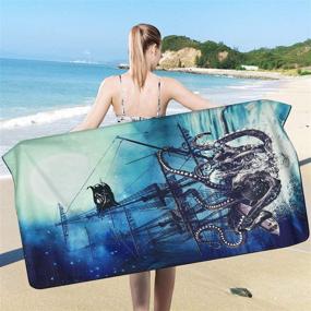 img 4 attached to Pknoclan Octopus Beach Towel | Ocean Kraken, Tentacles Nautical Sailboat Wave Towel | Pirate Under Moon Starry Sky | Absorbent, Oversized | Beach, Pool, Swim