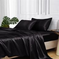 🛏️ satin bed sheets: mr&hm queen size set in silky black | 4 pcs bedding set with 15" deep pocket logo