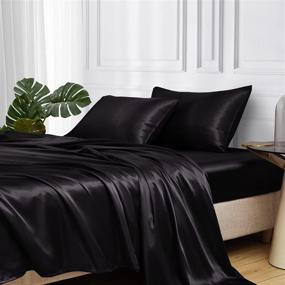 img 4 attached to 🛏️ Satin Bed Sheets: MR&HM Queen Size Set in Silky Black | 4 Pcs Bedding Set with 15" Deep Pocket