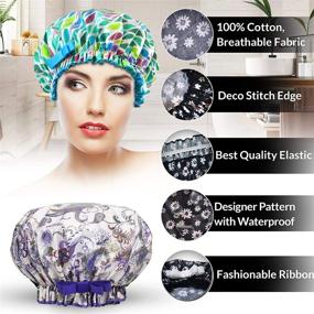 img 1 attached to 🚿 XL Waterproof Reusable Shower Cap for Women - 100% Cotton, Long Hair Protection, Purple Flowers