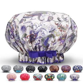 img 4 attached to 🚿 XL Waterproof Reusable Shower Cap for Women - 100% Cotton, Long Hair Protection, Purple Flowers