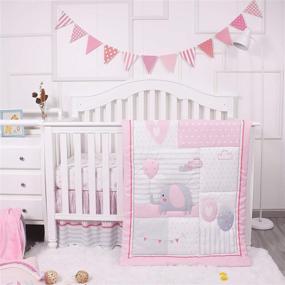 img 4 attached to La Premura Pink Elephant Baby Nursery Bedding Set for Girls - Love Balloons &amp; Elephants, Standard Size 3-Piece Crib Set in Pink &amp; Gray