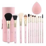 💄 zoreya makeup brush set 12pcs: pink synthetic brushes travel set with holder & organizer - foundation, powder, contour, blush, eye brushes - bonus makeup sponge logo