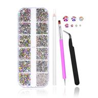 3200pcs fitdon iridescent glass charms nail stones with pick up tweezers, crystal ab rhinestones gems rhinestones picking pen dual-use brush dotting tools logo