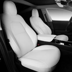 img 4 attached to Xipoo Fit Tesla Model 3 Model Y Car Seat Cover PU Leather Cover All Season Protection For Tesla Model 3 2017-2021 Model Y 2020 2021 (White-PU