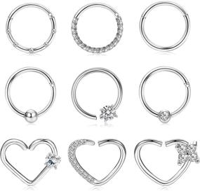 img 4 attached to 💎 BodyBonita 9Pcs Septum Nose Rings & Cartilage Earrings Set - Stainless Steel CZ Hinged Clicker Rings for Women Men - Piercing Jewelry for Nose, Helix, Daith, Tragus, and Conch