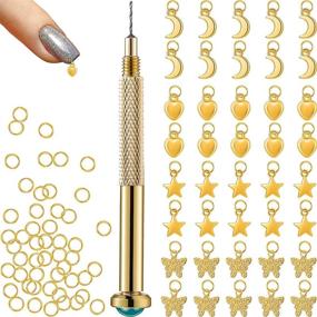 img 4 attached to 💅 91-Piece Nail Jewelry Rings & Nail Piercing Tool Set: Dangle Nail Art Charms in Golden Color for Acrylic Nail Tips DIY - Moon, Star, Butterfly, Heart