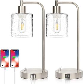 img 4 attached to 🔌 Pair of Dimmable Industrial Table Lamps, including 2 USB Ports, Silver Nightstand Bedside Lamp with Seeded Glass Shade for Reading in Bedroom, Living Room, Office – Includes 2 LED Bulbs