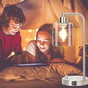 img 2 attached to 🔌 Pair of Dimmable Industrial Table Lamps, including 2 USB Ports, Silver Nightstand Bedside Lamp with Seeded Glass Shade for Reading in Bedroom, Living Room, Office – Includes 2 LED Bulbs