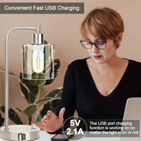 img 1 attached to 🔌 Pair of Dimmable Industrial Table Lamps, including 2 USB Ports, Silver Nightstand Bedside Lamp with Seeded Glass Shade for Reading in Bedroom, Living Room, Office – Includes 2 LED Bulbs