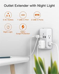 img 2 attached to 🔌 BESHON Outlet Extender with Night Light: 5 Outlet Surge Protector Power Strip with USB Ports – A 3 Sided Multi Plug Outlet Splitter for Home and Office with ETL Listing
