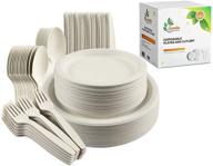 heavy duty, biodegradable and compostable paper plates set - 250 count, eco-friendly dinnerware set (white) with large utensils - forks, knives, and spoons - 100% natural logo