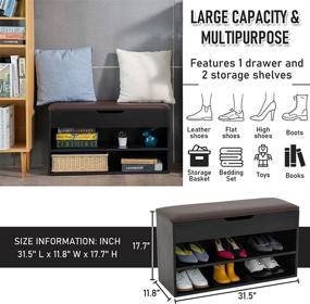 img 3 attached to TLweinuo Shoe Storage Bench: Stylish Entryway Shoe Rack with Leather Cushion Seat and Drawer - 2 Tier Wooden Shoe Storage Cabinet in Black