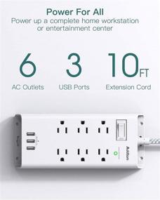 img 3 attached to Addtam Power Strip Surge Protector - 10ft Extension Cord, 6 Outlets, 3 USB Ports, Flat Plug, Overload Protection, Wall Mount - Ideal for Home, Office, and More