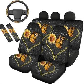 img 4 attached to 🌻 HUGS IDEA Combo Seat Covers Set with Steering Wheel Cover and Seat Belt Pads, Front Rear Seats Protectors - Sunflower Butterfly Design, Ideal Gifts for Women and Men