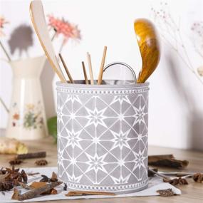 img 2 attached to 🏡 Farmhouse Decor Utensil Caddy: Embossed Cement Kitchen Cooking Utensil Holders with Anise Star Pattern